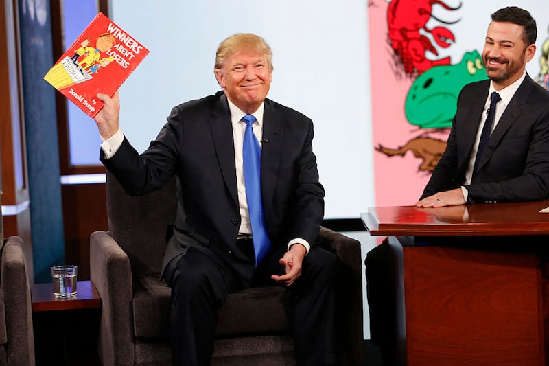 JIMMY KIMMEL LIVE - Emmy Award-nominated "Jimmy Kimmel Live" airs every weeknight (11:35 p.m. - 12:41 a.m., ET), packed with hilarious comedy bits and features a diverse lineup of guests including celebrities, athletes, musicians, comedians and humorous human interest subjects. The guests for Wednesday, December 16 included Republican Presidential candidate Donald Trump and musical guest Gary Clark Jr. (Photo by Randy Holmes/Disney General Entertainment Content via Getty Images)
DONALD TRUMP, JIMMY KIMMEL