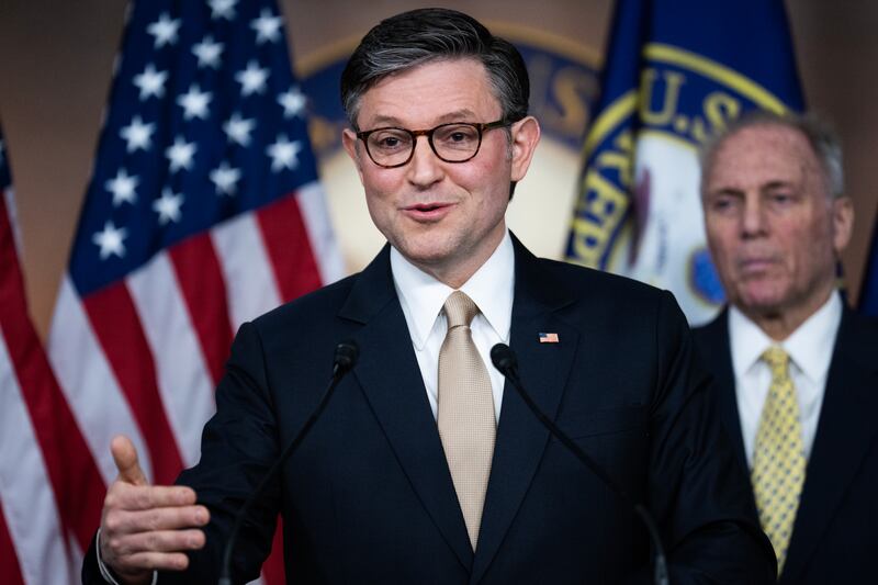 UNITED STATES - JANUARY 7: Speaker of the House Mike Johnson, R-La., conducts a news conference in the Capitol Visitor Center after a meeting of the House Republican Conference on Tuesday, January 7, 2025. (Tom Williams/CQ-Roll Call, Inc via Getty Images)