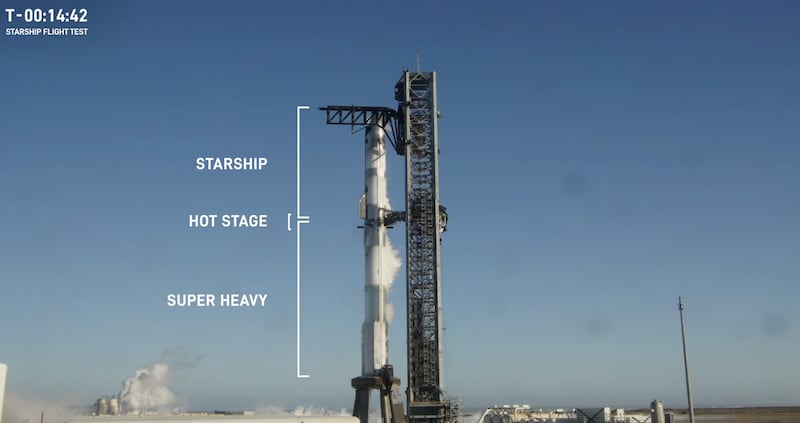 The Starship spacecraft and super heavy rocket booster on the launchpad before blast-off.