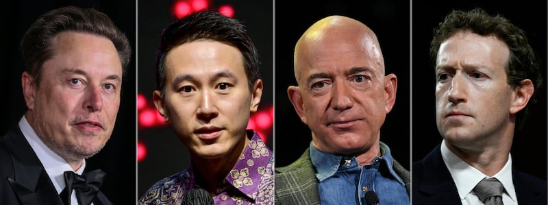 From Left, Elon Musk, TikTok CEO Shou Zi Chew, Amazon Founder and CEO Jeff Bezos, and Mark Zuckerberg, CEO of Meta, will all attend Donald Trump's inauguration on January 20th, 2025 as honored guests.