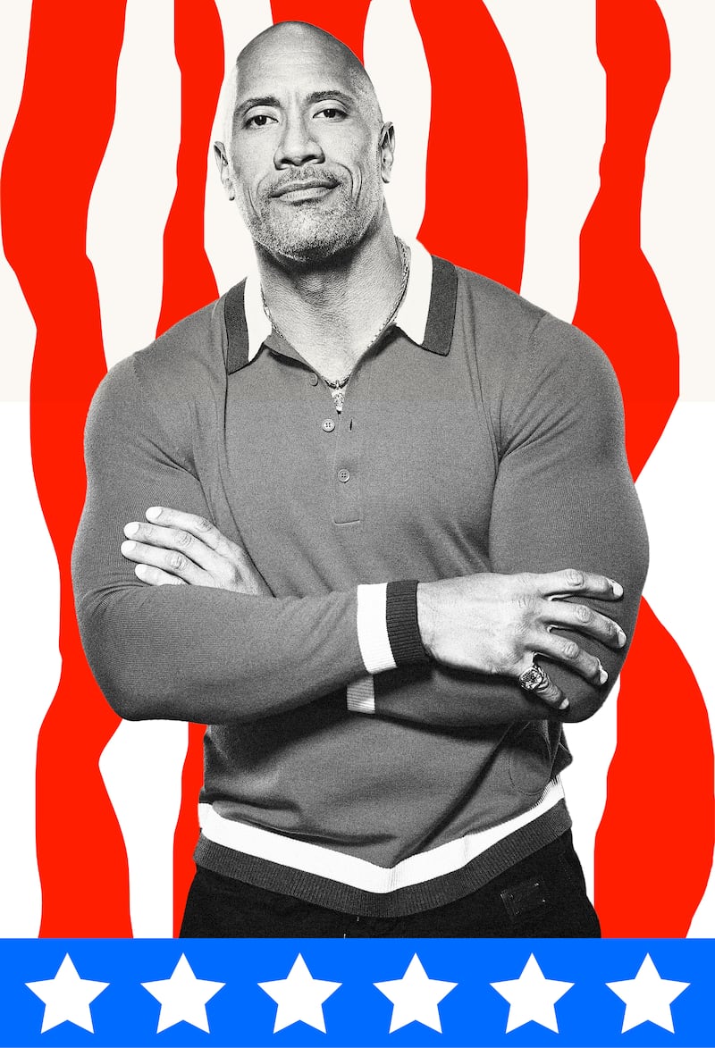 Photo illustration of Dwayne "The Rock" Johnson with an American flag motif