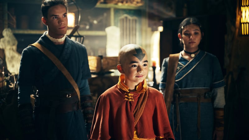 A photo including Ian Ousley as Sokka, Gordon Cormier as Aang, Kiawentiio as Katara in the series Avatar: The Last Airbender on Netflix