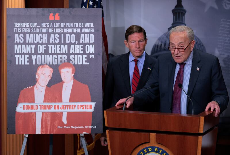 Senate Minority Leader Charles Schumer spoke at a press conference on July 30 after Democrats on the Senate Homeland Security and Governmental Affairs Committee invoked a little known law to demand the Justice Department turn over the Epstein files.