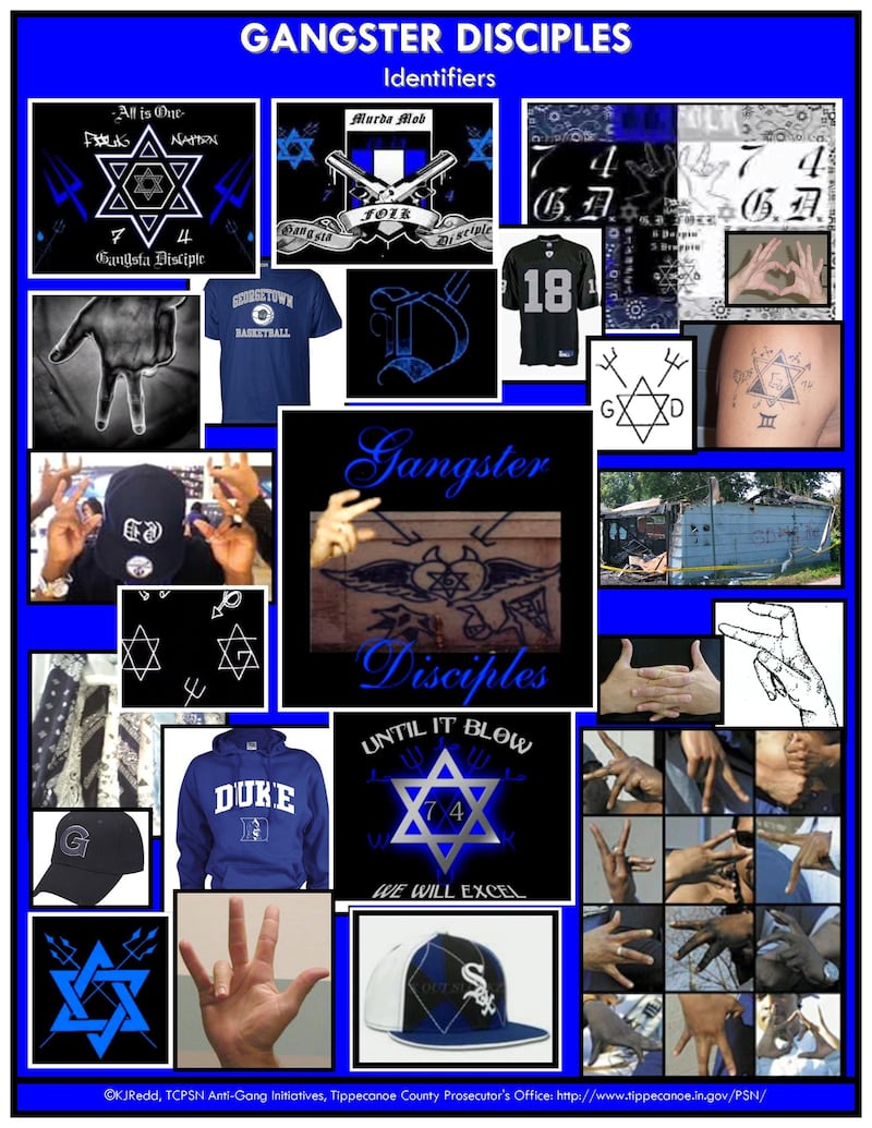 Images showing gang markings and regalia of Gangster Disciples