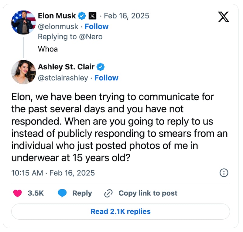 Ashley St Clair tweet to Elon Musk