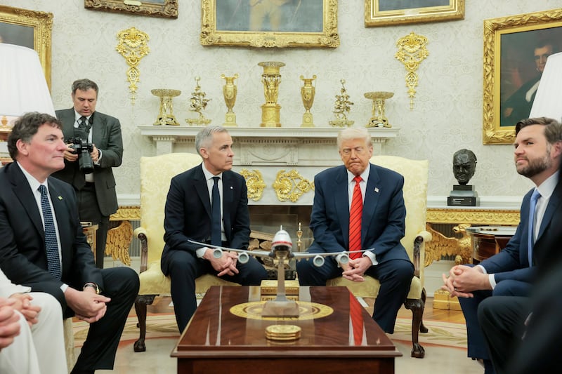 President Donald Trump and Canadian Prime Minister Mark Carney are pictured in the Oval Office at the White House on May 6, 2025 in Washington, D.C.