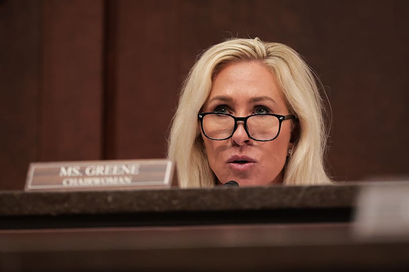 WASHINGTON, DC - MAY 07: U.S. Rep. Marjorie Taylor Greene (R-GA) speaks during the hearing on “Unfair Play: Keeping Men Out of Women’s Sports" held by the Department of Government Efficiency (DOGE) Subcommittee at the U.S. Capitol on May 07, 2025 in Washington, DC. The hearing comes after U.S. President Donald Trump signed an executive order in February that withholds federal funding from programs that allow transgender women and girls to compete in women’s sports events. (Photo by Kayla Bartkowski/Getty Images)