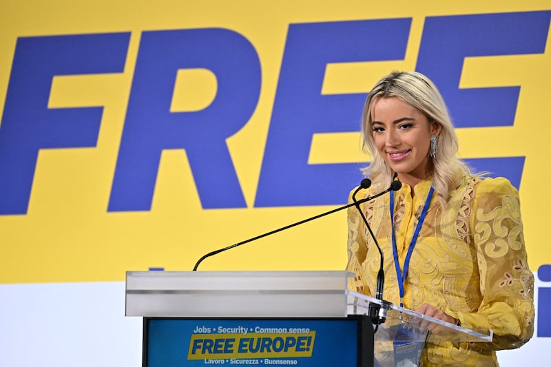 US author Ashley St. Clair, delivers a speech during a convention of the European Parliament leaders of Identity and Democracy group (ID), on December 3, 2023 at the Fortezza da Basso in Florence.