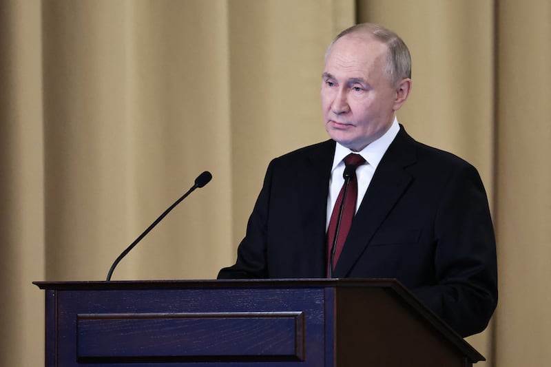 In this pool photograph distributed by the Russian state agency Sputnik, Russia's President Vladimir Putin gives a speech during a meeting of the Federal Security Service (FSB) Board in Moscow on February 27, 2025.