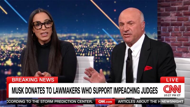 A CNN panelist awkwardly rebuked Shark Tank’s Kevin O’Leary after he touched her during a fiery showdown about Elon Musk’s donations to GOP members of Congress who support President Trump’s impeachment calls against dissenting judges.