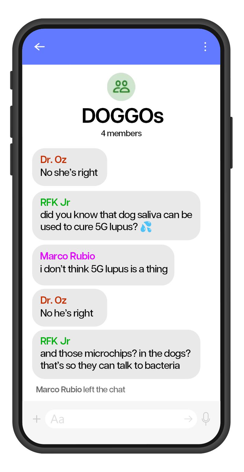 Parody recreated Signal text messages between Trump's cabinet and administration.