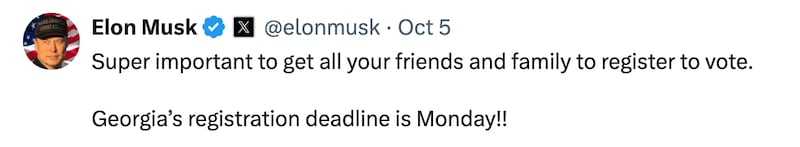 Elon Musk posts about registering to vote