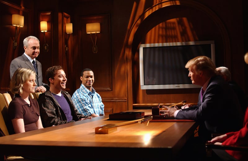SATURDAY NIGHT LIVE -- Episode 16 -- Air Date 04/03/2004 -- Pictured: (l-r) Amy Poehler, Lorne Michaels, Jimmy Fallon, Finesse Mitchell, Donald Trump during "The Apprentice" skit on April 3, 2004 (Photo by Mary Ellen Matthews/NBCU Photo Bank/NBCUniversal via Getty Images via Getty Images)