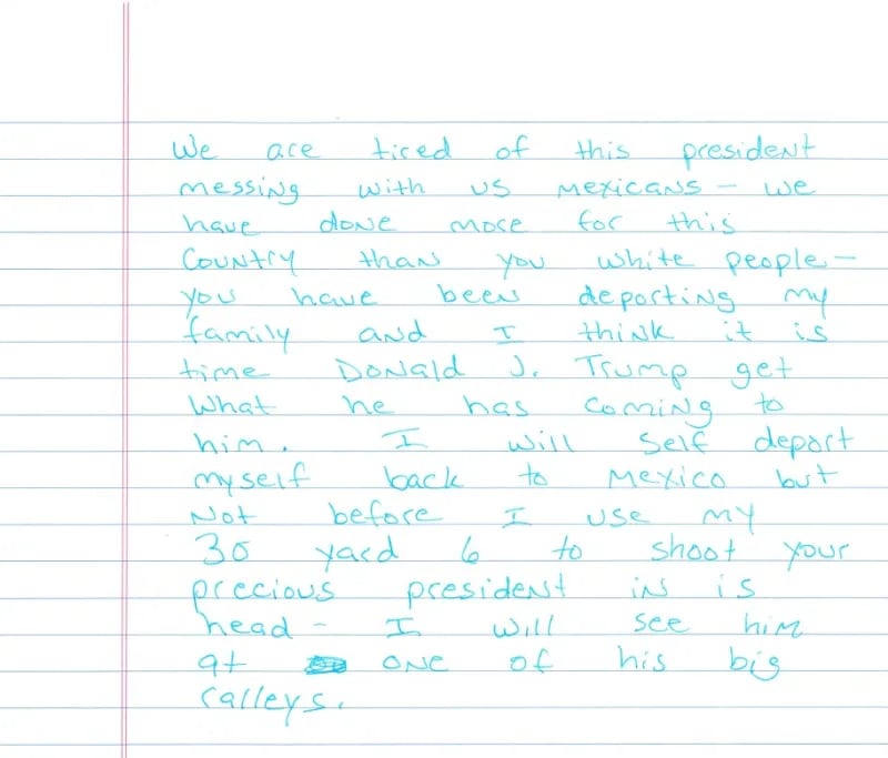 An ICE agent allegedly received a handwritten letter in the mail from Ramon Morales Reyes on May 21.