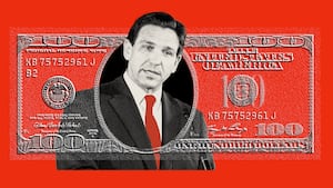 Photo illustration of Governor Ron DeSantis (R-FL) on a red background with an overlay of the $100 bill