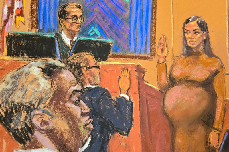 Sean “Diddy” Combs watches as his former girlfriend Cassie Ventura is sworn in as a prosecution witness.