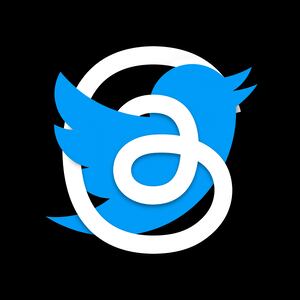 A photo composite of the Twitter blue bird logo wrapped in Instagram’s Threads logo.