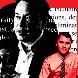 A photo illustration shows Elon Musk and Charlie Kirk in front of DEI language