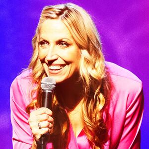 Photo illustration of Laurie Kilmartin on a blue and pink background