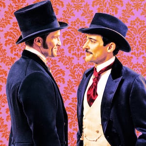 A photo illustration of Claybourne Elder as John Adams and Blake Ritson as Oscar van Rhijn in 'The Gilded Age' season three.