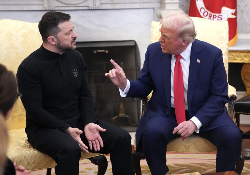 U.S. President Donald Trump and Ukrainian President Volodymyr Zelensky meet in the Oval Office at the White House on February 28, 2025 in Washington, DC.