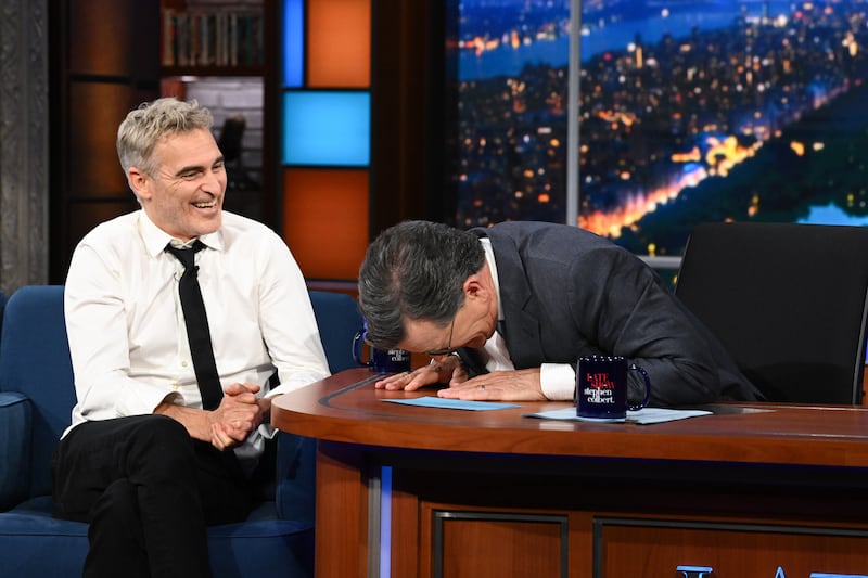 The Late Show with Stephen Colbert and guest Joaquin Phoenix during Tuesday’s July 15, 2025 show. Photo: Scott Kowalchyk ©2025 CBS Broadcasting Inc. All Rights Reserved.