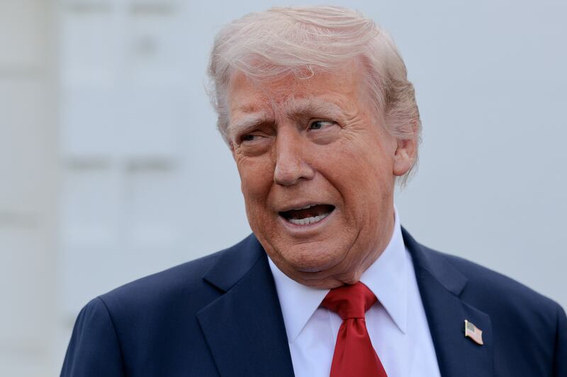 U.S. President Donald Trump talks to reporters after inspecting the North Lawn with members of the White House grounds crew to look for a place to put a 100-foot-tall flag pole on April 23, 2025 in Washington, DC.