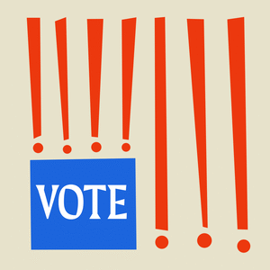 Illustrated gif of the American flag with exclamation points as the stripes and the word vote flashing in different fonts in the blue square