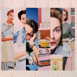 A photo illustration showing Trad Wives from the 1950’s in dresses and cooking.