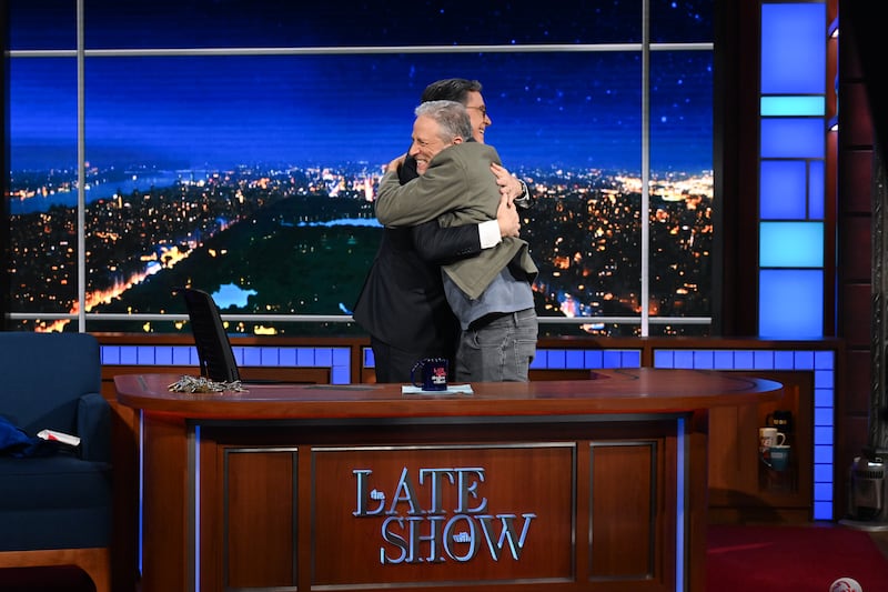NEW YORK - FEBRUARY 12: The Late Show with Stephen Colbert and guest Jon Stewart during Sunday's February 11, 2024 show. (Photo by Scott Kowalchyk/CBS via Getty Images)