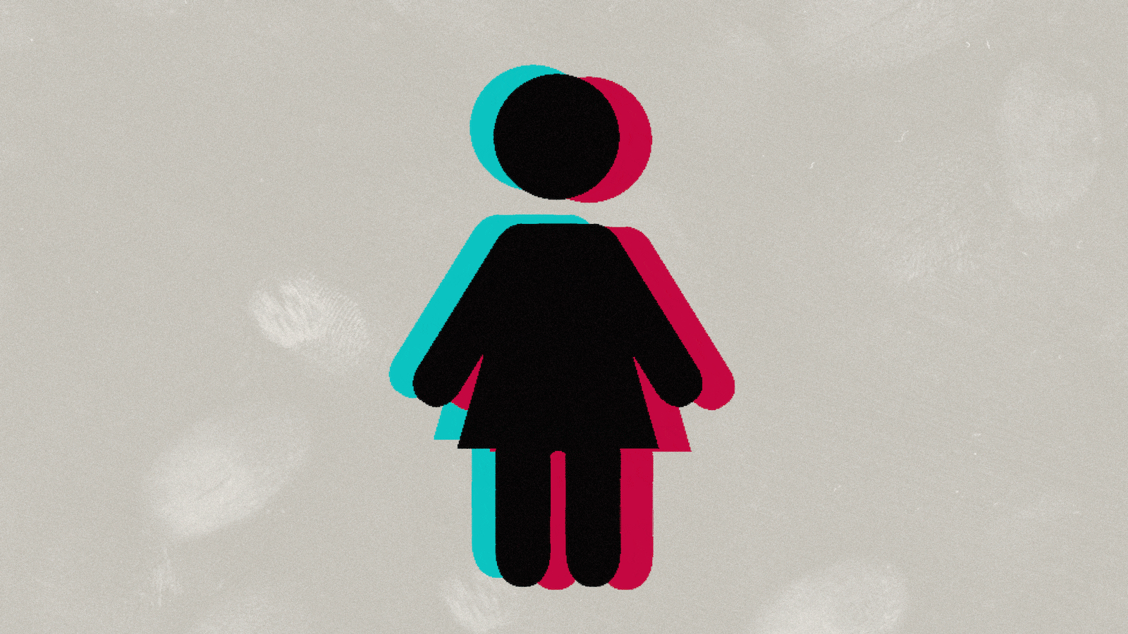 An animated gif showing a girl gender bathroom sign in TikTok’s colors that is glitching.