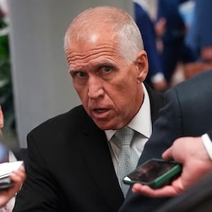 WASHINGTON, DC - JUNE 25: U.S. Sen. Thom Tillis (R-NC) talks to reporters as he walks to the Senate Chamber at the U.S. Capitol on June 25, 2025 in Washington, DC. Republican lawmakers are aiming to complete passage of the "One, Big, Beautiful Bill" by this weekend, which by some estimates would add at least $2.8 trillion to the $36.2 trillion U.S. debt in the long term.  (Photo by Kevin Dietsch/Getty Images)