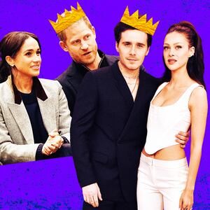 A photo illustration of Meghan Markle, Prince Harry, Brooklyn Beckham, and Nicola Peltz in a split photo.