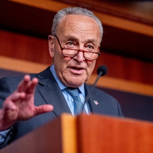Senate Majority Leader Chuck Schumer (D-NY) speaks to members of the media on Capitol Hill on April 17, 2024 in Washington, DC.