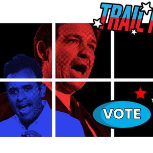 A photo illustration of Vivek Ramaswamy and Ron DeSantis