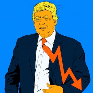 Drawing of Donald Trump with his tie turning into a downward arrow