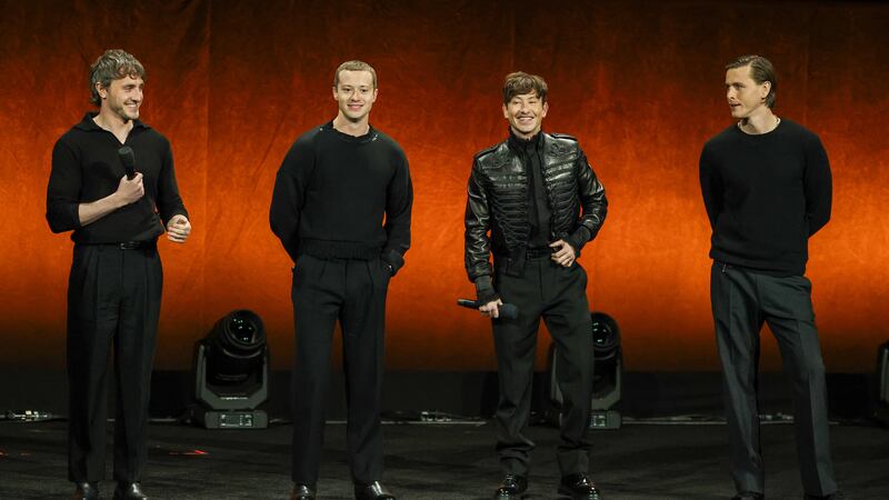 LAS VEGAS, NEVADA - MARCH 31: (L-R) Paul Mescal, Joseph Quinn, Barry Keoghan and Harris Dickinson are introduced onstage to promote four upcoming biopics about The Beatles at the Sony Pictures Entertainment presentation during CinemaCon, the official convention of Cinema United, at The Colosseum at Caesars Palace on March 31, 2025 in Las Vegas, Nevada.