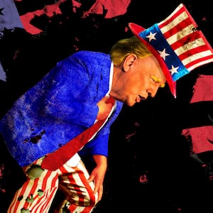 A photo illustration of President Donald Trump dressed up as an old Uncle Same and torn US flag background.