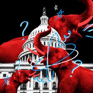 Red elephants run around outside of Congress in a tizzy.