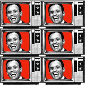 Photo illustration of an old television set featuring Vivek Ramaswamy on a red background, tiled.