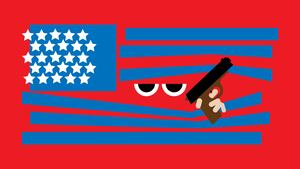 Illustration of American flag with googly eyes and handgun popping out from it.