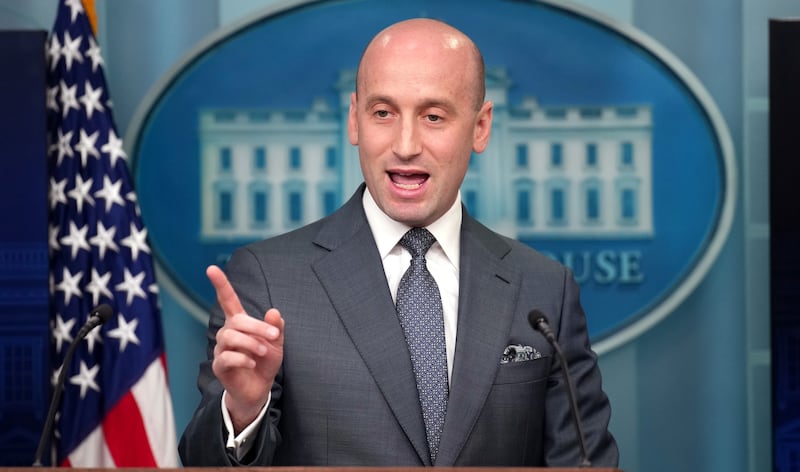WASHINGTON, DC - MAY 01: White House Deputy Chief of Staff Stephen Miller speaks  the daily press briefing in the Brady Press Briefing Room at the White House on May 1, 2025 in Washington, DC. This week marks the first 100 days of U.S. President Donald Trump's second term. (Photo by Andrew Harnik/Getty Images)