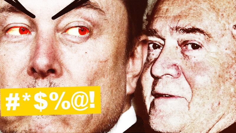 Elon Musk and Steve Bannon with a curse word bleep bar covering Elon's mouth