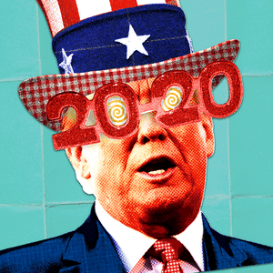 Photo illustrative gif of Donald Trump wearing an Uncle Sam hat and 2020 glasses with hypnotic spirals turning.