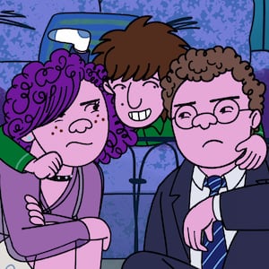 Abbi Jacobson as Shira Schwooper, Ben Feldman as Avi Schwooper and Max Greenfield as Yoshi Schwooper in Long Story Short.