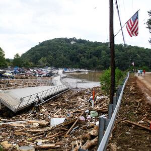 Debris piled on the bridge from Lake Lure to Chimney Rock in North Carolina after Hurricane Helene.