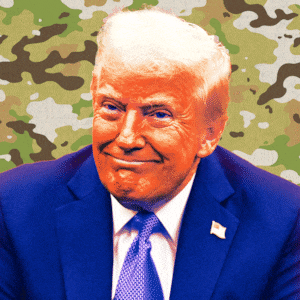 An animated GIF of President Donald Trump in front of camouflage.