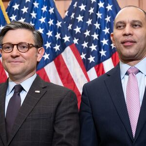 US Speaker of the House Mike Johnson (L), Republican of Louisiana, and US House Democratic Leader Hakeem Jeffries (R), Democrat of New York at the US Capitol in Washington, DC, March 12, 2024. 