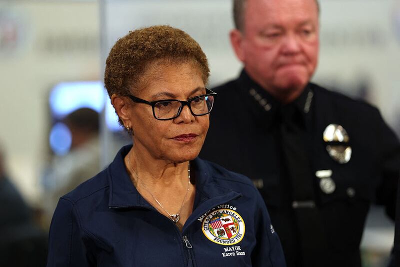 Los Angeles Mayor Karen Bass (L) looks on, flanked by Chief of the Los Angeles Police Department Jim McDonnell, during a press conference at the City of Los Angeles Emergency Operations Center on June 9, 2025, in response to protests over federal immigration operations.