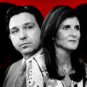 An illustration including a photo of former U.S. President Donald Trump, former Governor of South Carolina Nikki Haley, and Governor of Florida Ron DeSantis